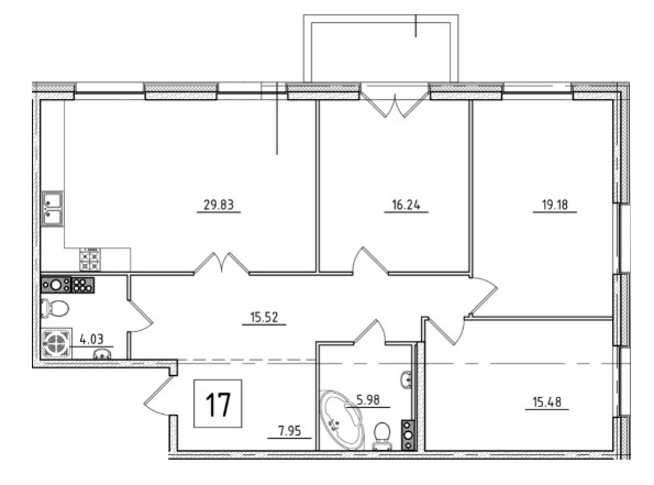 планировка трёхкомнатной квартиры Петровская Доминанта
